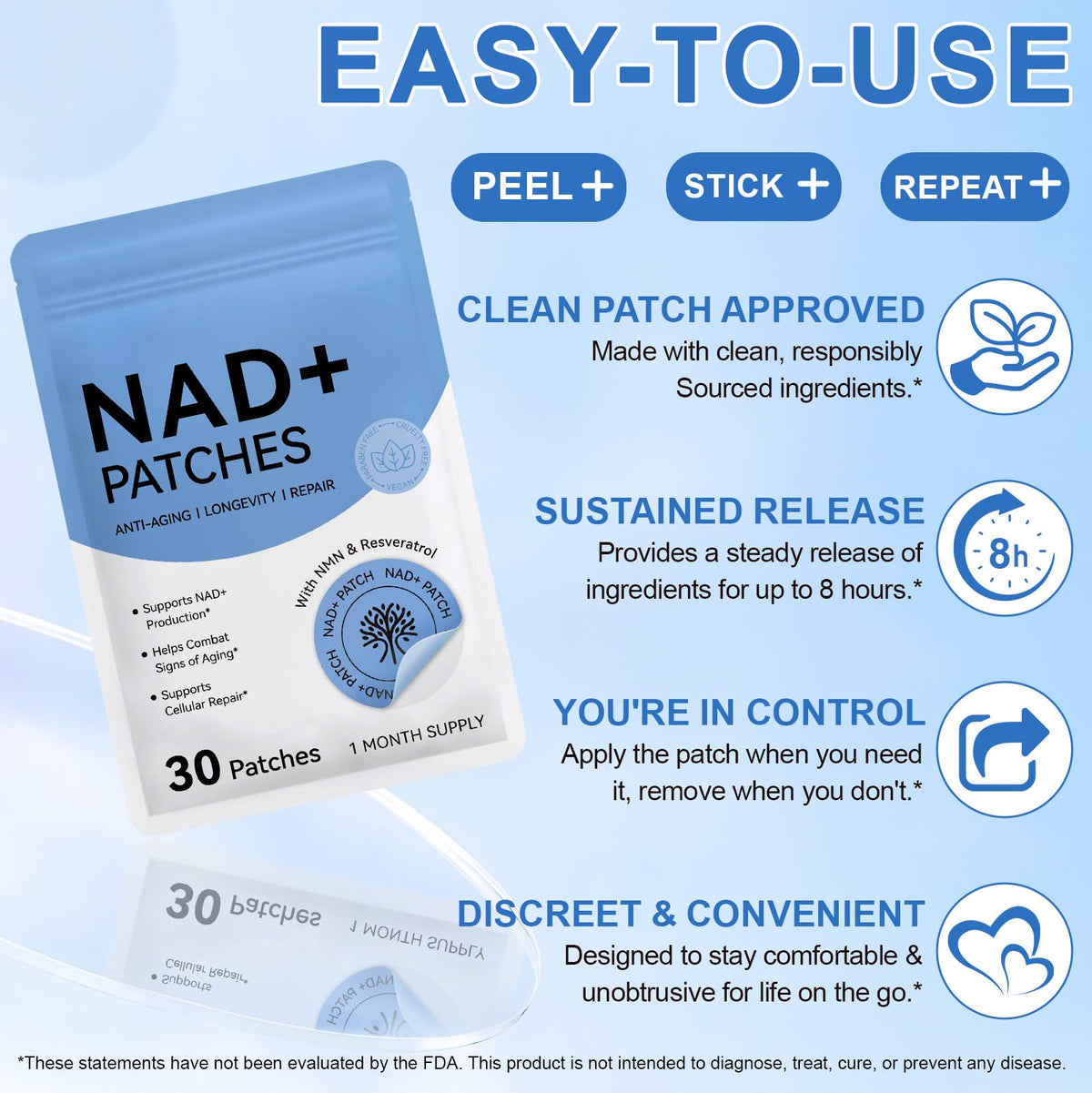 APCKFLEE NAD+ Patches for Women, NAD+ Patch for Anti-Aging and Wellness Support, Nicotinamide, Vitamin C, Premium 8-Hour Time-Release Formula, Vegan, 30 Count