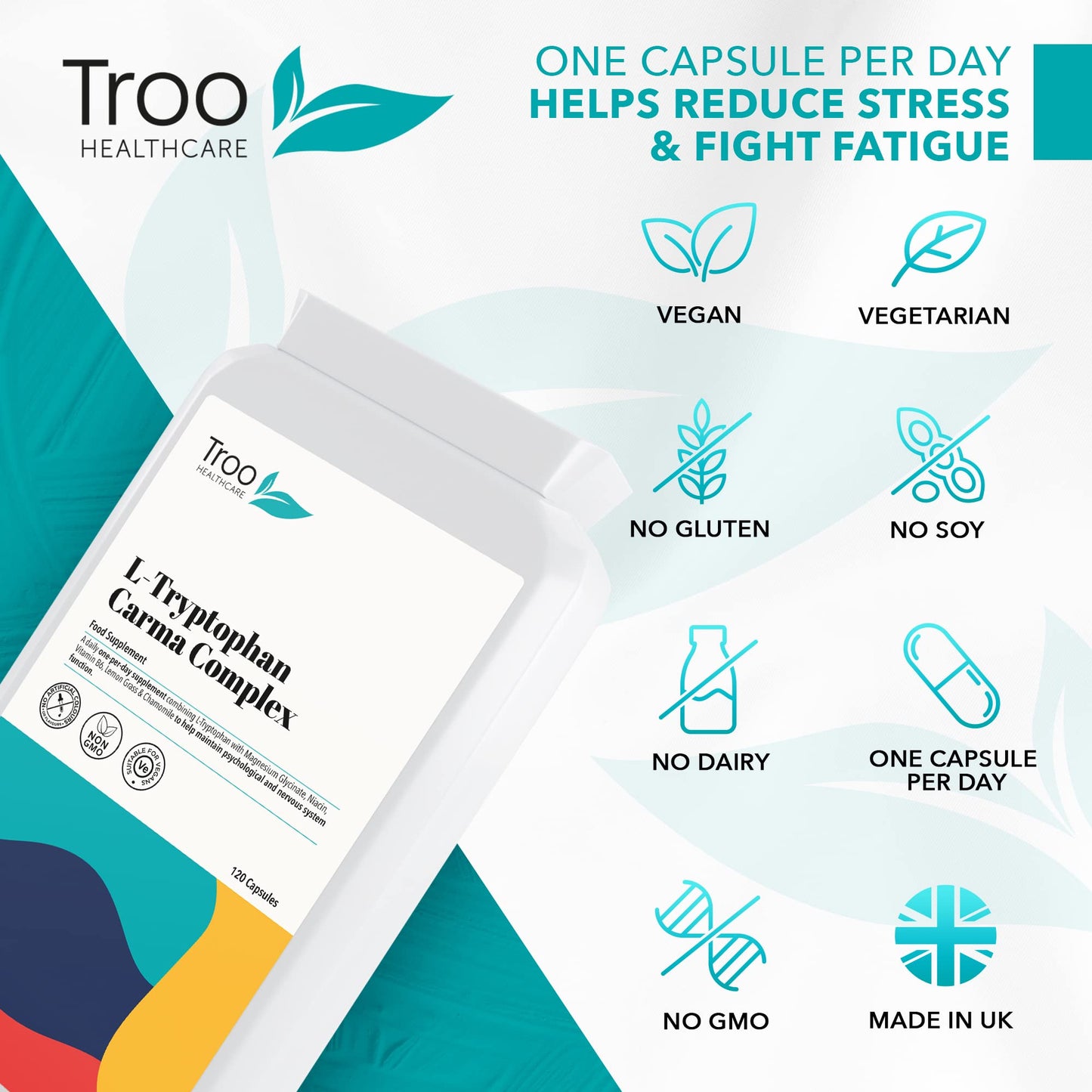 Troo Health Care L-Tryptophan Carma Complex 120 Vegan Capsules - Daily Supplement to Support Healthy Psychological Function - with Niacin, Vitamin B6 & Magnesium Bisglycinate