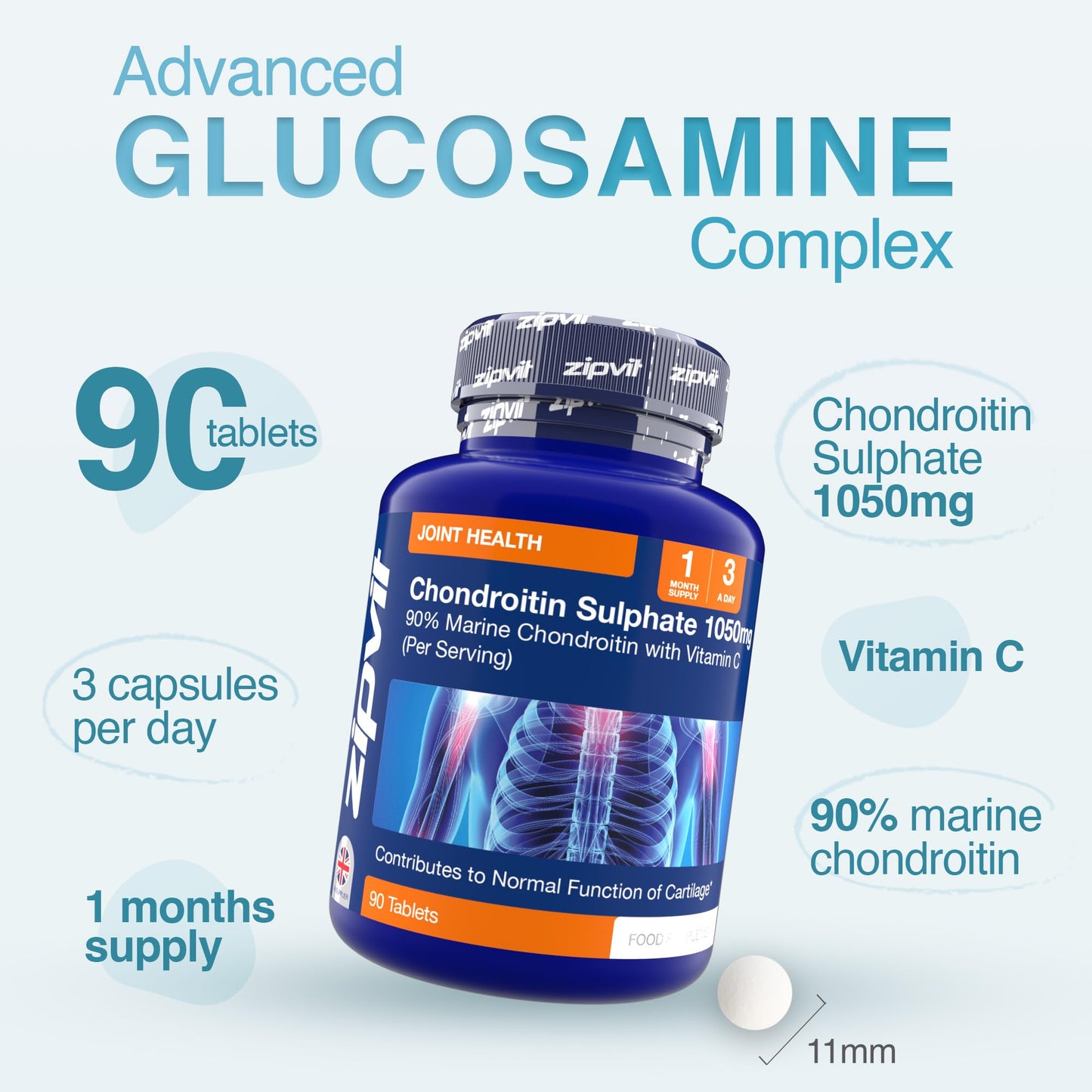 Zipvit Chondroitin Sulphate 1050mg with Vitamin C, 90 Tablets, 90% Pure Marine Chondroitin Joint Care Supplement for Women & Men