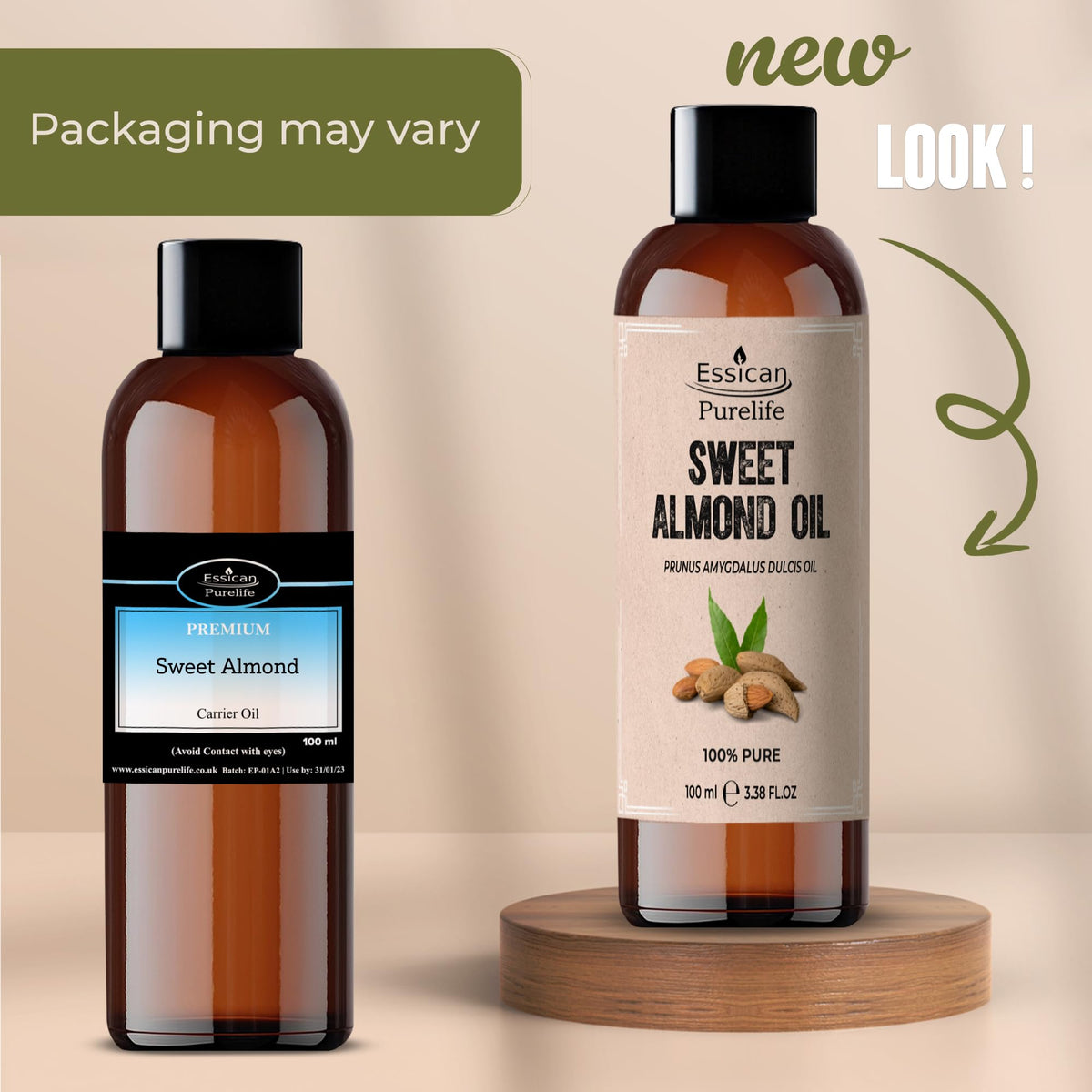 Essican Purelife, Pure Sweet Almond Oil for Hair, 100ml Cold Pressed Almond Oils for Massage, Carrier Oil for Essential Oils Mixing Ideal for Massage, Moisturising Face, Skin, Ear, Body, Cruelty-Free