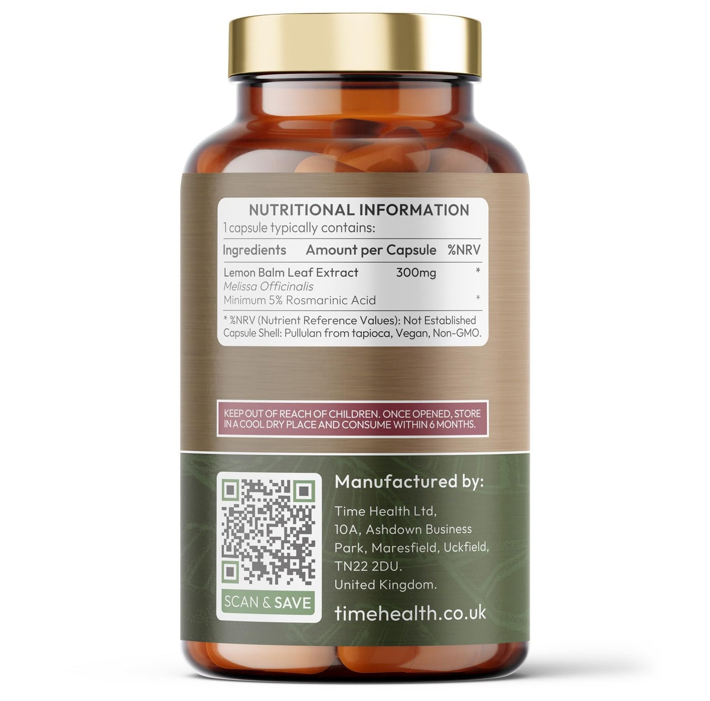 Time Health Lemon Balm Leaf Extract - Min. 5% Rosmarinic Acid - Vegan - No Fillers, Binders or Flow Agents - Pullulan - 60 Capsules