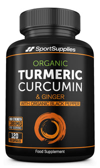 SS Sport Supplies Organic Turmeric Capsules High Strength and Black Pepper with Active Curcumin with Ginger 1380mg - Advanced Tumeric - Each 120 Veg Capsule is Organic (2 Capsules per Serving)