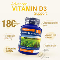 Zipvit Vitamin D3 4000IU Softgels, High Strength Vitamin D Supplement, Immune Support, 6 Months Supply, 180 Vegetarian Easy to Swallow Softgels