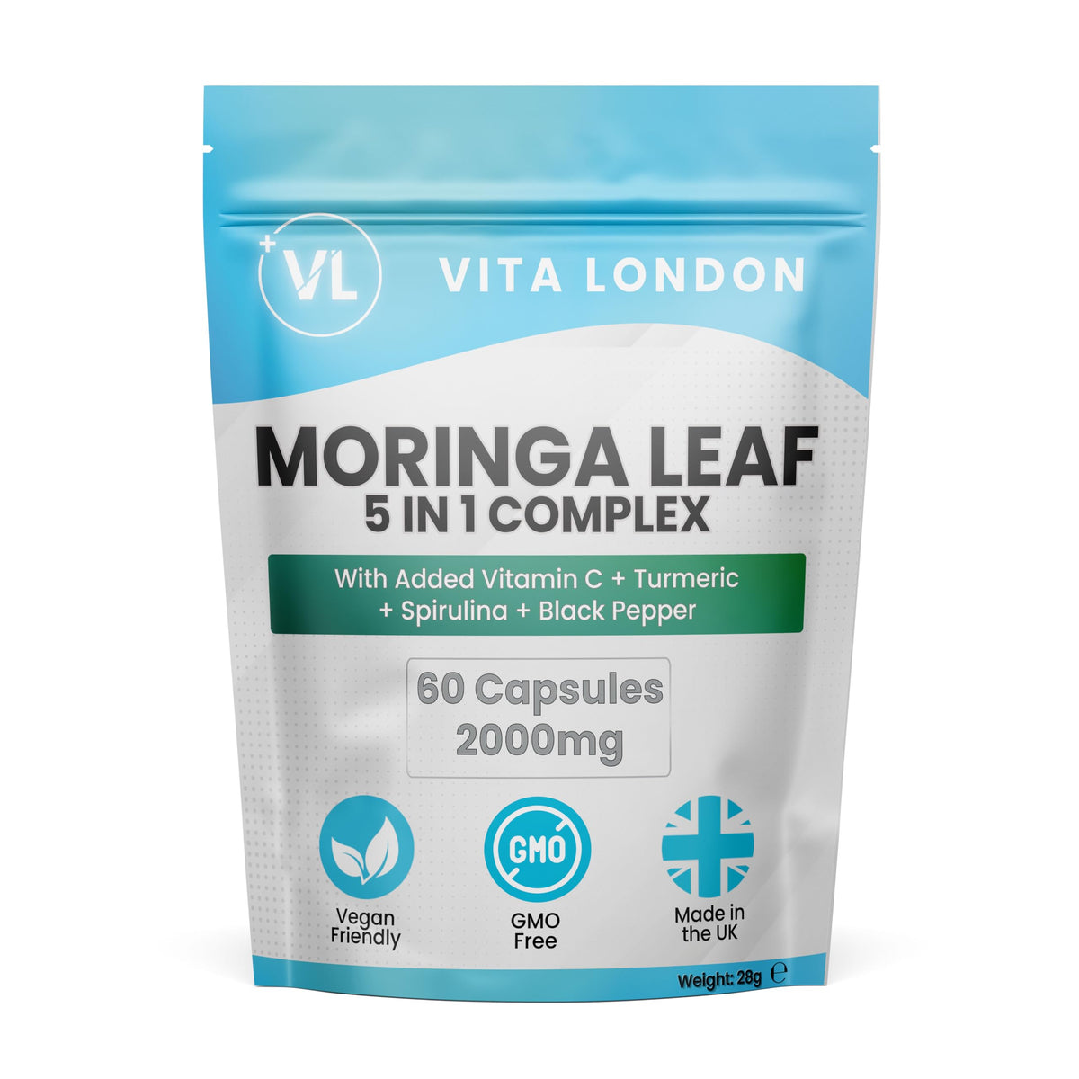 VL Vita London Moringa Leaf Capsules 2000mg | Added Vitamin C + Turmeric + Spirulina + Black Pepper | High Strength Supplements for Men & Women | 60 Vegan Capsules (Not Powder, Tablets of Gummies)