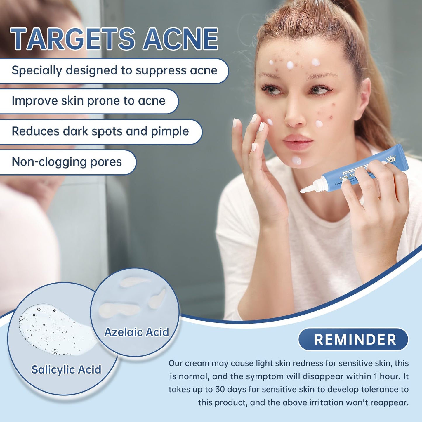 BECHOICEN Azelaic Acid face serum cream for Redness Relief,Dark Spots,Azelaic Acid Acne Cream with Niacinamide & Vitamin C,Acid 14% Facial Serum Balance Excess Sebum & Soothe Irritation,30ml