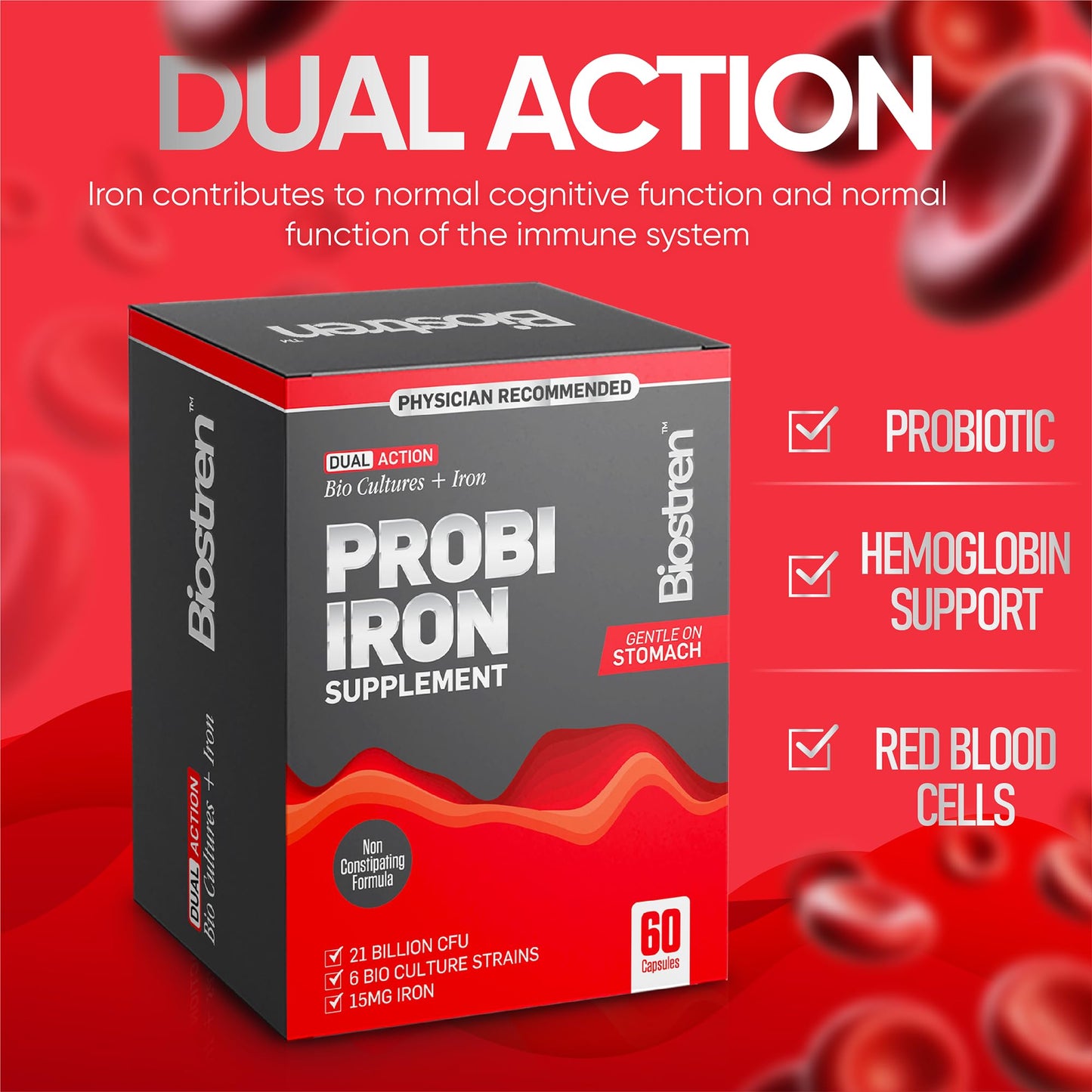 Biostren Probi Iron | 2 in 1 Bio Cultures Complex Plus Iron for Ultimate Gut Health and Hemoglobin Support | Probiotic | Red Blood Cells | Bloat Relief | Digestion | IBS | 60 Capsules