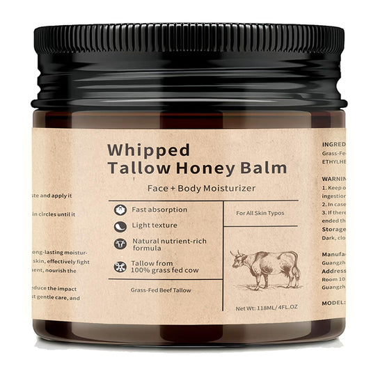 Whipped Tallow Cream for Face & Body - Grass-Fed Beef Tallow, Natural Honey & Beeswax Moisturizer, Deep Hydration & Nourishment