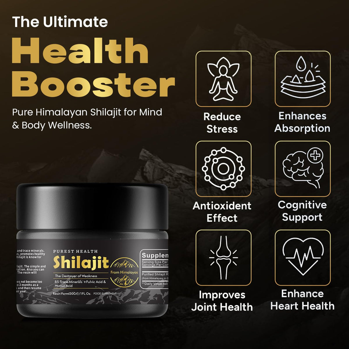 Purest Health 100% Natural Shilajit 30g - Premium Himalayan Resin - Rich in Fulvic & Humic Acid & 85 Trace Minerals - for Optimal Health