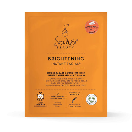 Seoulista Beauty® Brightening Instant Facial™ 30ml | Treatment Face Sheet Mask for Dry Skin Dark Spots and Pigmentation | Dermatologist Created Korean Skin Care | Infused with Vitamin C & AHAs