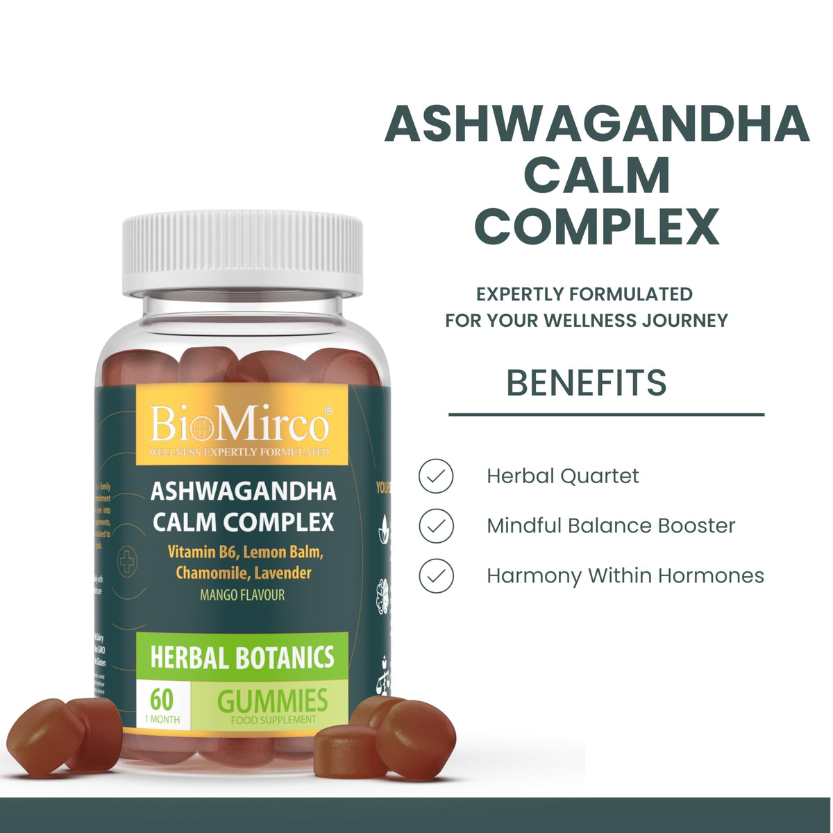 Bio Mirco Ashwagandha Gummies, High Strength, Calm Complex, Ashwaganda Gummy Cortisol Reducing Supplements, Vitamins for Stress & Anxiety Relief, Emotional Balance, Mood Support, Sleep Gummies for Adults, Vegan