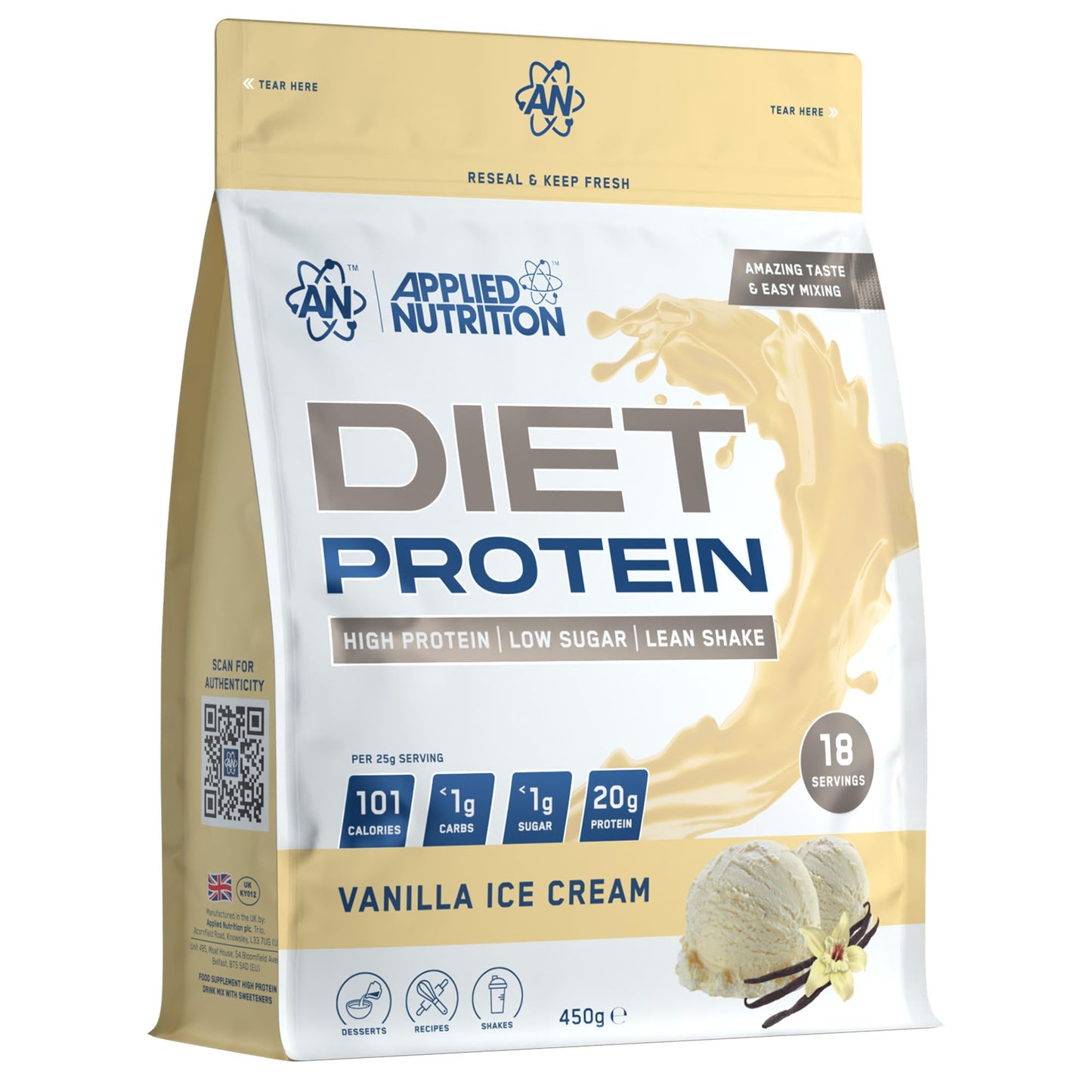 Applied Nutrition Diet Whey - High Protein Powder Supplement, Low Carb & Sugar, for Weight Management with CLA, L Carnitine, Green Tea (450g - 18 Servings) (Vanilla)