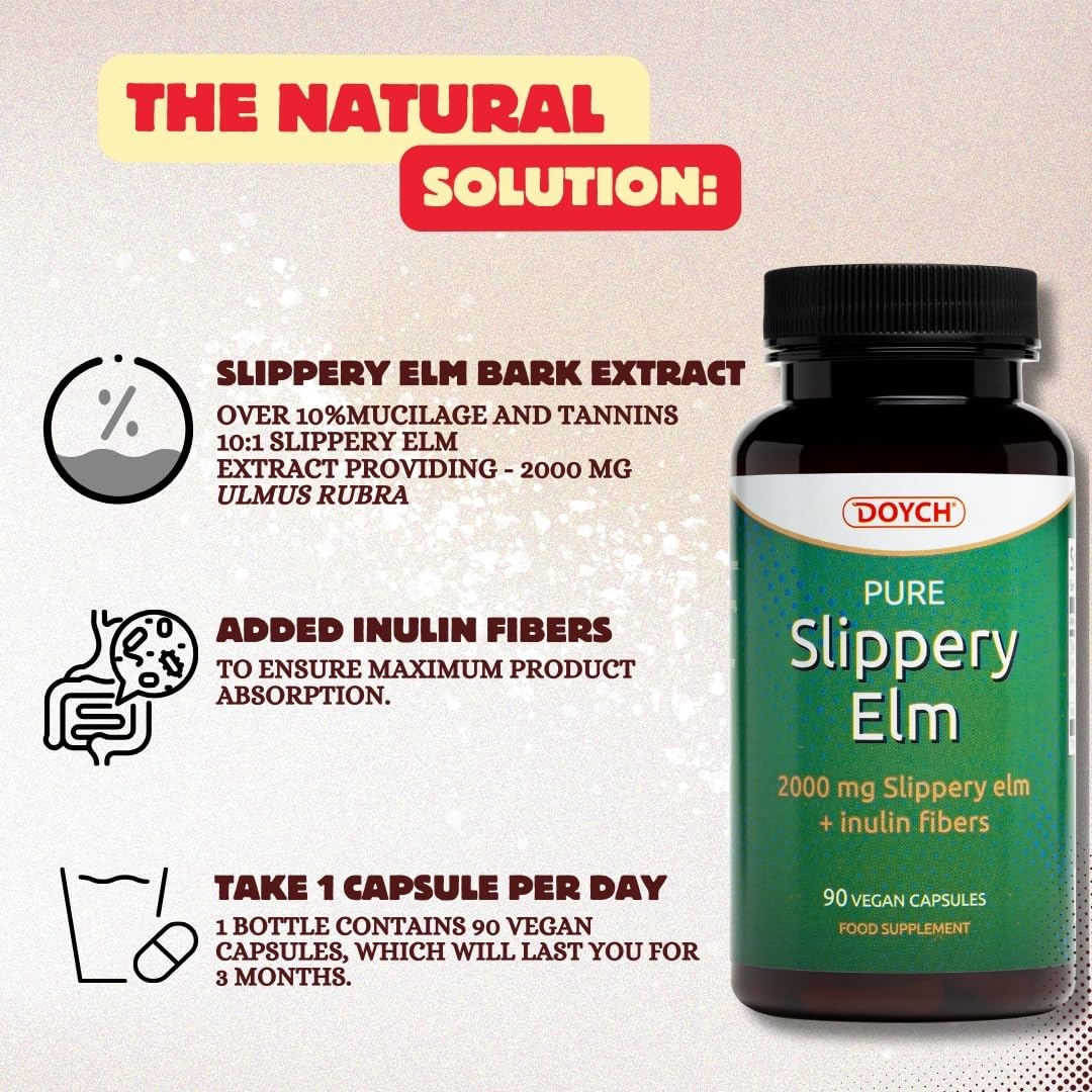 DOYCH Potent Slippery elm Organic bark - 2000mg Pure Slippery Elm 10:1 Extract - Natural Solution to Enhance Gut Health & Stomach Discomfort. NO Added Preservatives & Colorants - 3 Months Supply by Doych