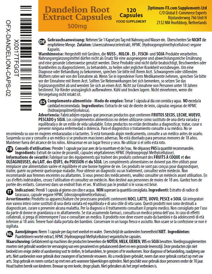 optimum-fx Dandelion Root Extract Capsules 500 mg 120 Capsules