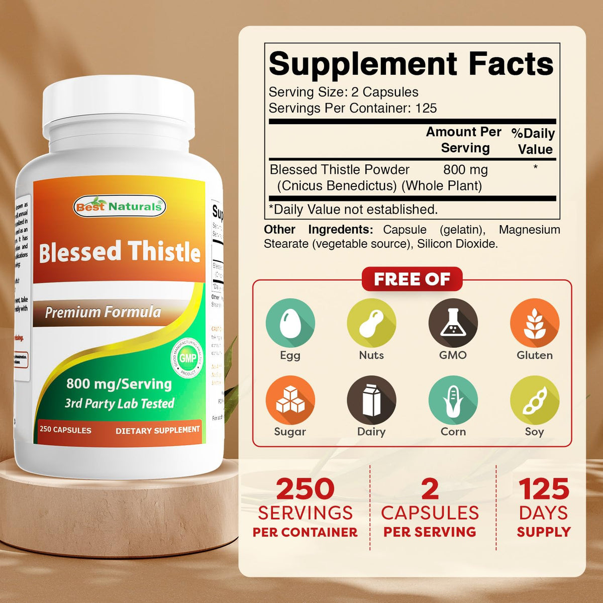 Best Naturals Blessed Thistle Breastfeeding Lactation Capsules - 800mg/Serving - 250 Count