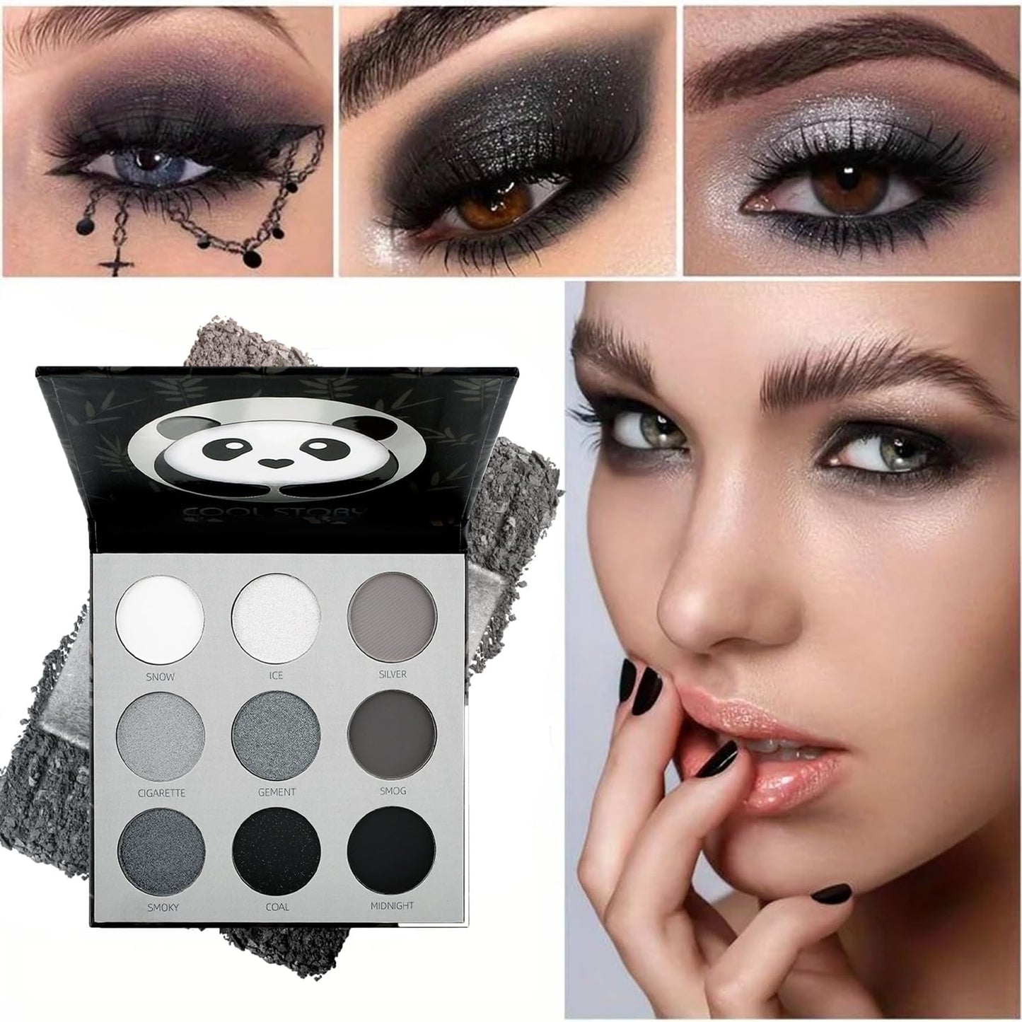 SHEBEEDO Black Eyeshadow Palette,Black Smokey Eyeshadow Palette Makeup,9 Colors Black Silver Gray White Eyeshadow Palette,Highly Pigmented Blendable Makeup Matte Glitter Eyeshadow Palette For Girl&Women