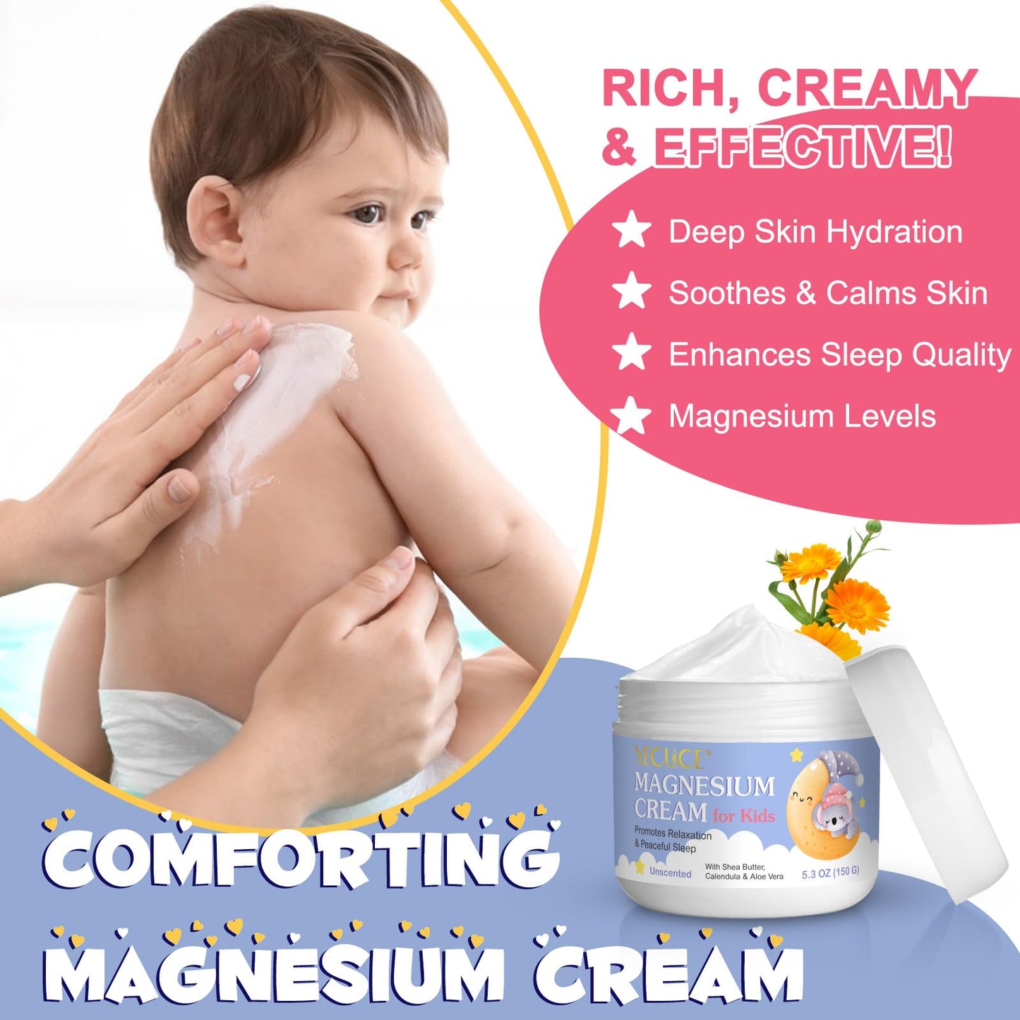 RoongDuuDll Magnesium Cream for Kids, Topical Magnesium Lotion for Sleep, Calm Magnesium Oil Butter Balm with Shea Butter, Aloe Vera, Calendula, Baby Cream for Feet, Stomach, Arms, Legs Relief for Bedtime - 150g