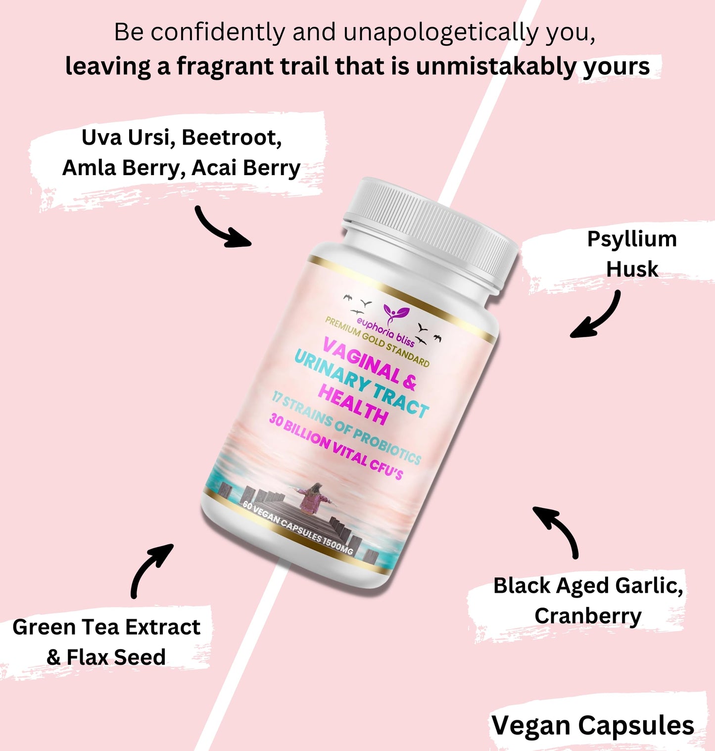 Vaginal Probiotics for Women pH Balance - Prebiotics & Probiotic Blend, Natural Vaginal Health & Urinary Tract Supplement with Cranberry, Garlic & More, Vegan, Non-GMO, Gluten-Free, 60 Caps