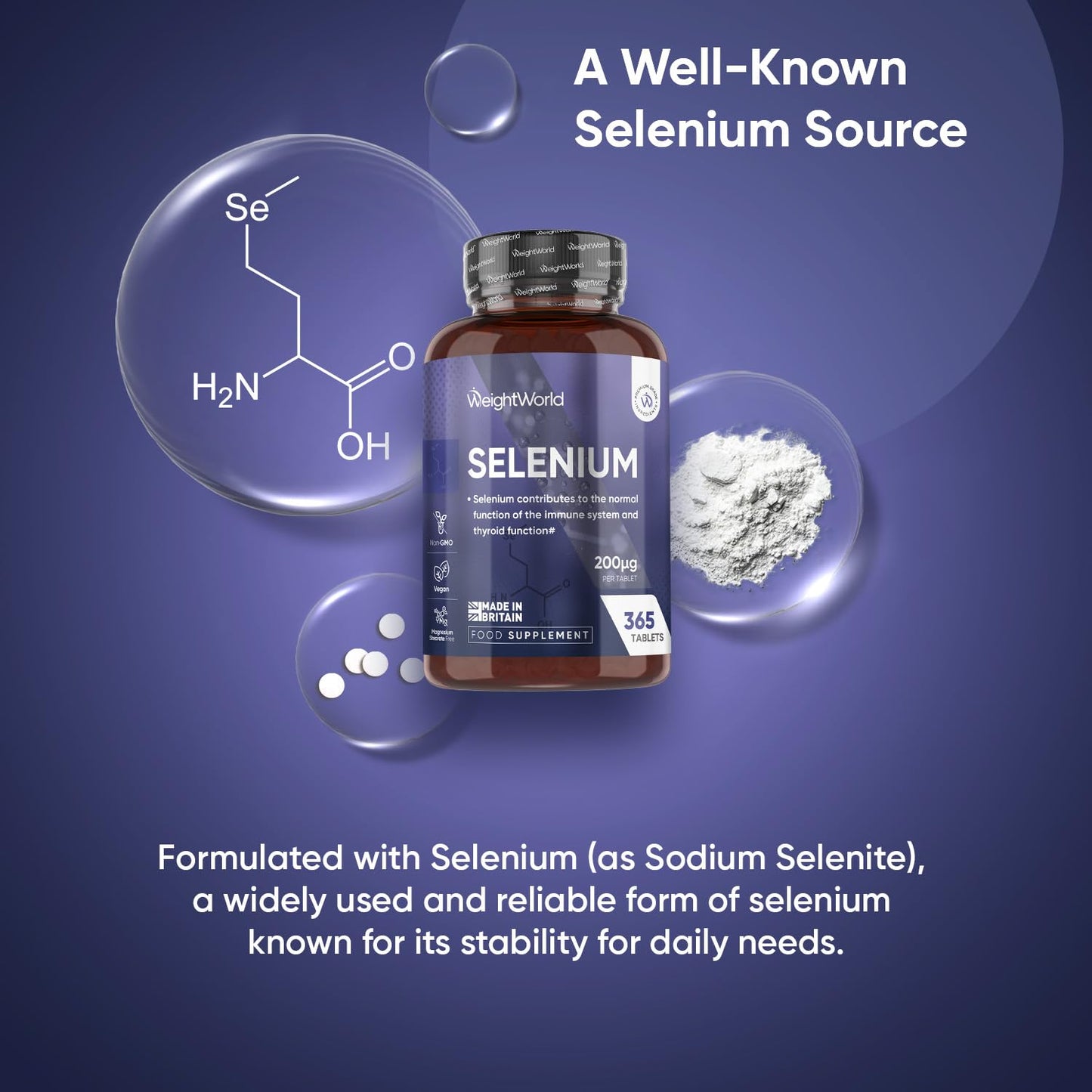 WeightWorld Selenium Supplements 200mcg - 365 Tablets - 1 Year Supply - Bioavailable Sodium Selenite Form - 1-a-Day - Small in Size (6mm) - Vegan & Non-GMO Selenium Tablets
