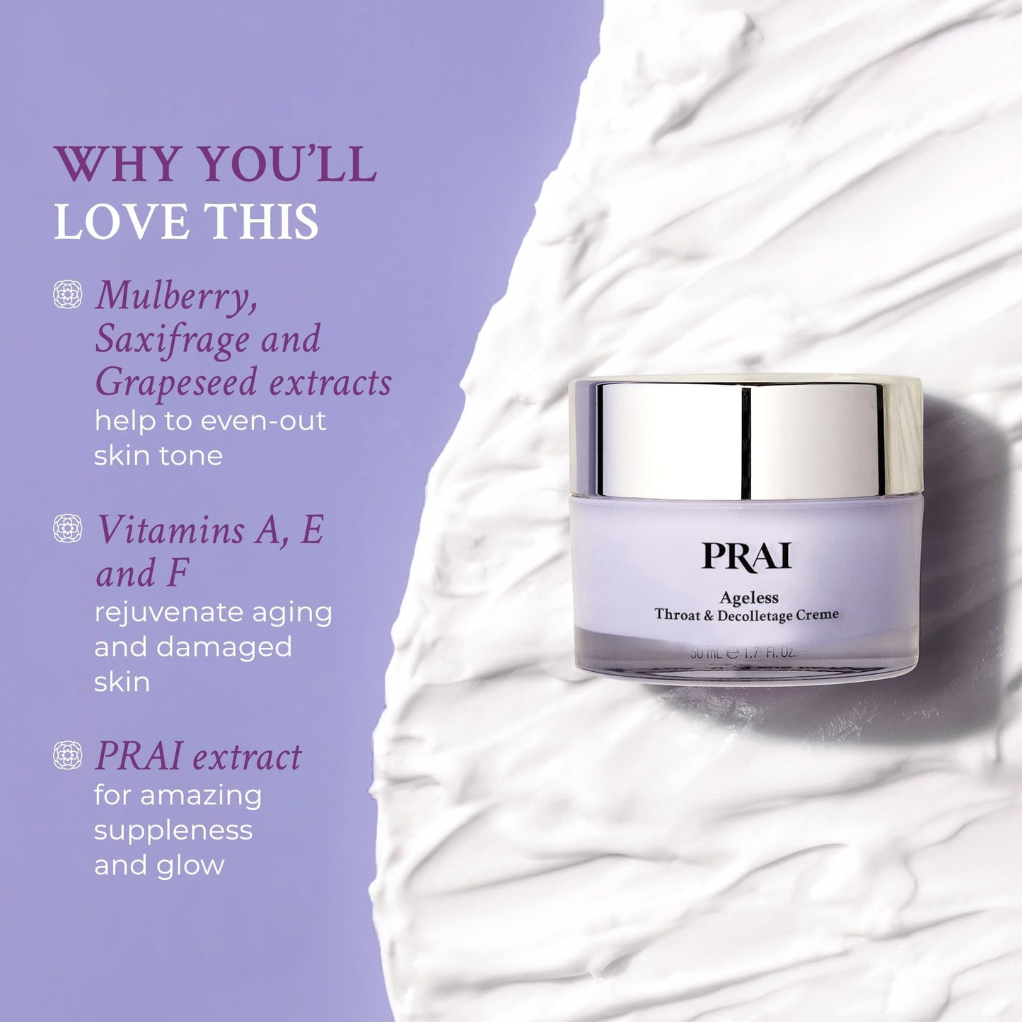 PRAI Ageless Throat & Decolletage Creme (50ml) with Shea Butter and Hyaluronic Acid for Long Lasting Hydration