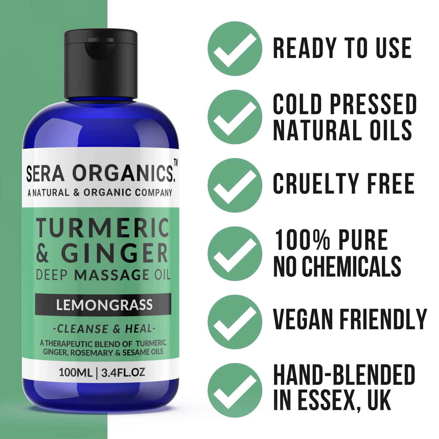 Turmeric & Ginger Massage Oil - 100% Natural Therapy for Lymphatic Drainage, Nerve, Muscle & Joint Relief - Ginger Lemongrass Warming & Relaxing Formula | Made in The UK | Sera Organics (100ml)