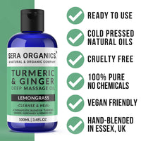 Turmeric & Ginger Massage Oil - 100% Natural Therapy for Lymphatic Drainage, Nerve, Muscle & Joint Relief - Ginger Lemongrass Warming & Relaxing Formula | Made in The UK | Sera Organics (100ml)