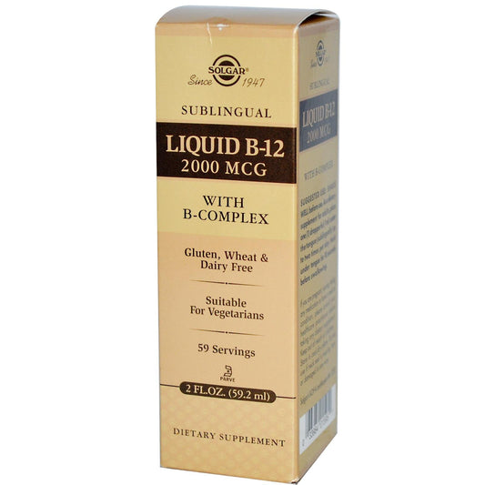 Solgar Sublingual Liquid B-12 2000 mcg with B-Complex - 2 fl oz - Supports Production of Energy, Red Blood Cells, Healthy Nervous System & Heart Health - Vegan, Gluten Free - 59 Total Servings