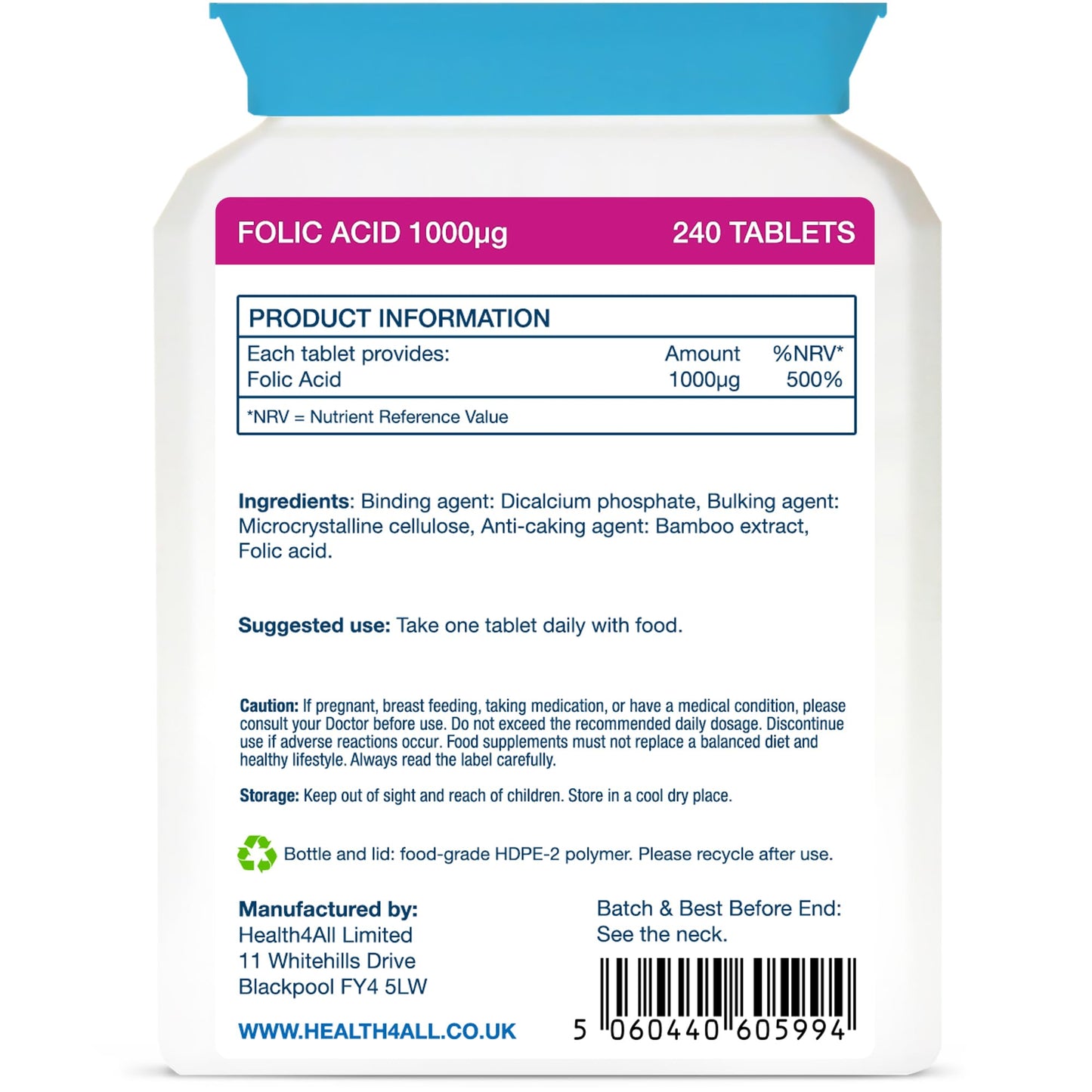 Health4All Folic Acid 1000mcg 240 Tablets, 8 Month Supply, Pregnancy & Energy Support