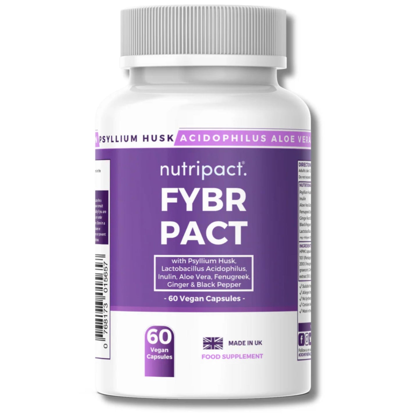 nutripact Psyllium Husk Fibre Supplement 4000mg with Probiotic Acidophilus 1 Billion CFU + Prebiotic Inulin & Aloe Vera - Nutripact Natural Soluble Fibre - 60 Vegan Capsules