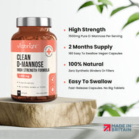D-Mannose Capsules - High Strength 1500mg per Serving of 3 Capsules - 180 Capsules (60 Day Supply) - Contributes to Healthy Urinary Tract & Bladder - Natural Ingredients - Made in UK by VitaBright