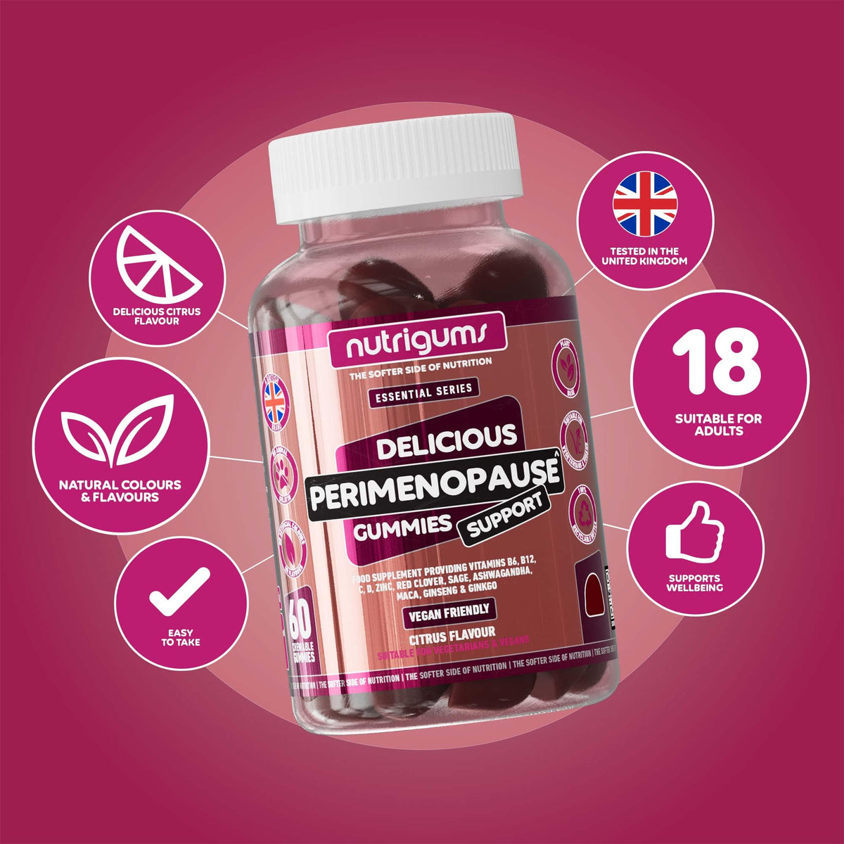Nutrigums Perimenopause Support Gummies | 60 Vegan Hormonal Balance Supplement Gummies | Red Clover, Ashwagandha, Maca, Ginseng & Vitamins B6, B12, D & C | Energy & Mood Support | Citrus Flavour | by NUTRIGUMS®