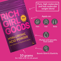 RICH GIRL GOODS 100% Hyaluronic Acid Powder – DIY 1000ml Hyaluronic Acid Serum – Create Your Own Moisturizing Hyaluronic Serum at Home – for Face, Body, Hair.