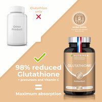 Glutathione - Reduced to 98% - Formula with Precursors Including NAC + Vitamin C - Boosts Immunity, Antioxidant, Anti-ageing, Brighter Skin - 90 Vegan Capsules - Nutrimea - Made in France