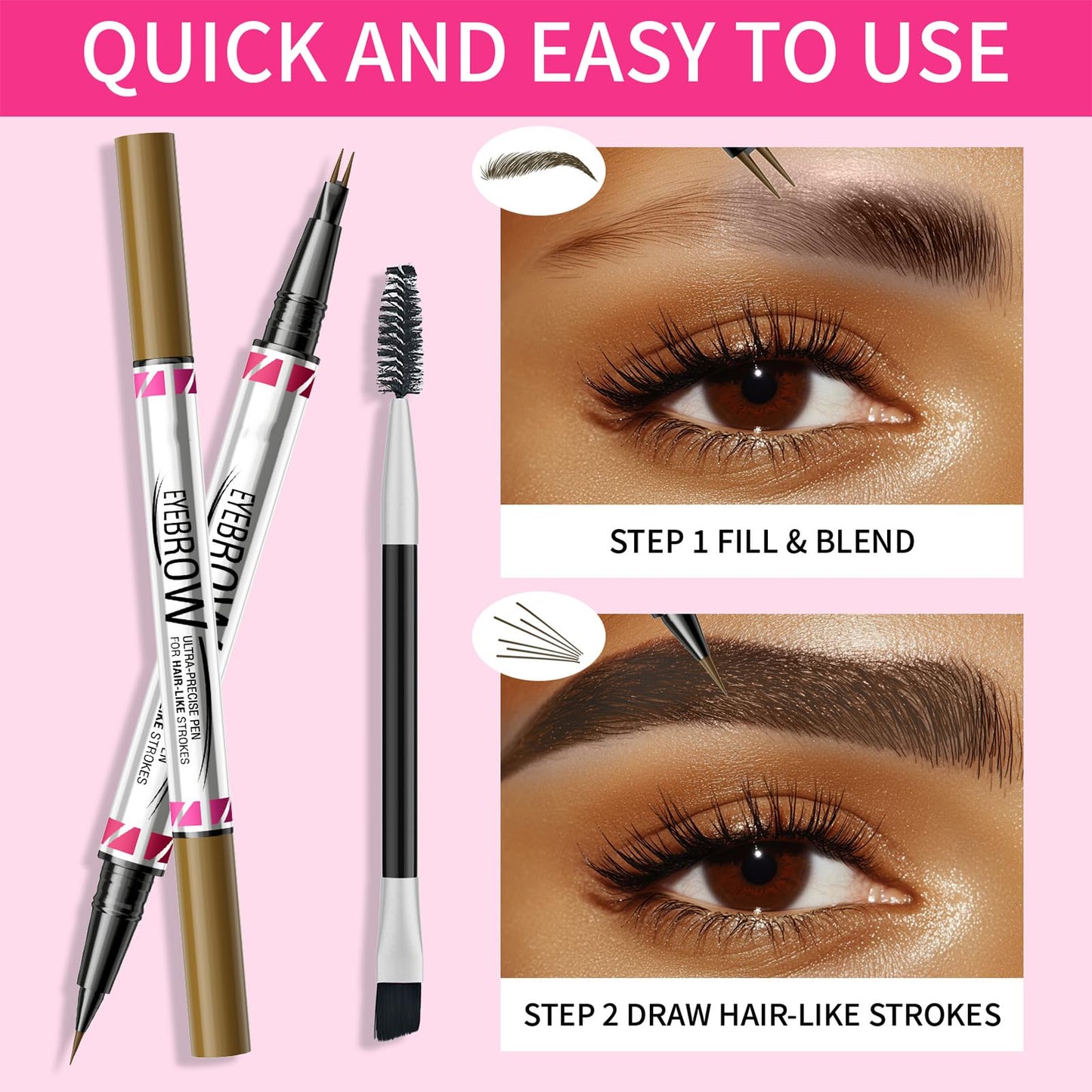 NLFOX Microblading Eyebrow Pen - Magic 2-In-1 Eyebrow Pencil - Eye Brow Pencil with Double-Ended Eyebrow Brush - Smudgeproof Waterproof Eyebrow Pen Create Natural Hair-Like Brows(Dark Brown)
