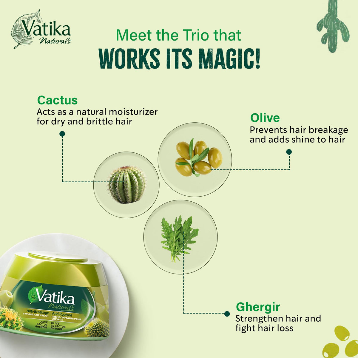 Vatika Naturals Hair Cream - Anti-Breakage (210ml, Cactus) | Strengthening Formula with Olive, Cactus & Ghergir for Strong, Stylish Hair