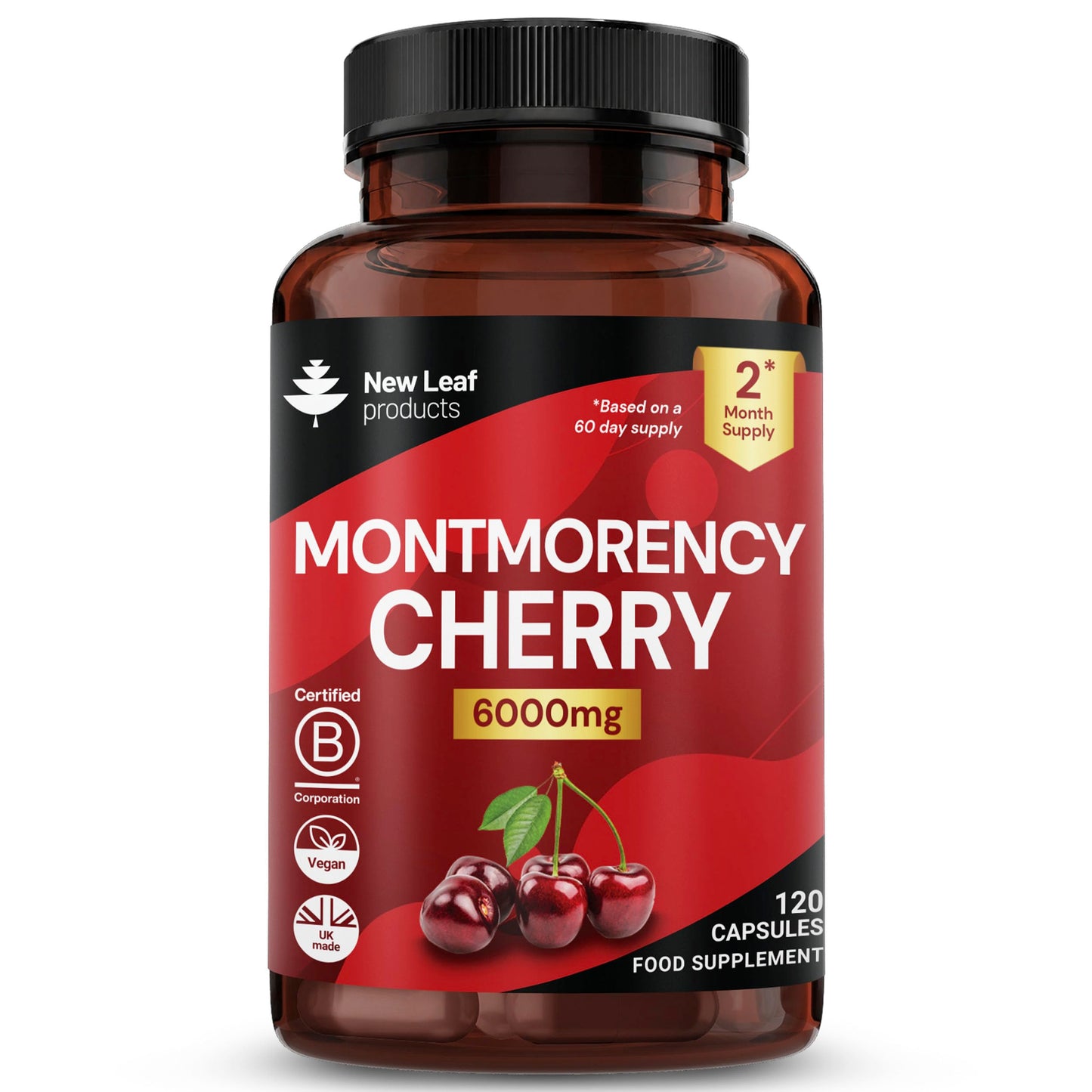NEW LEAF PRODUCTS Montmorency Cherry 6000mg - 120 Capsules High Strength Concentrate - Natural Tart Cherry Vegan Supplements (not Tablets or Powder) - Non-GMO, 2 Months Supply - (2 per Serving) Made in the UK