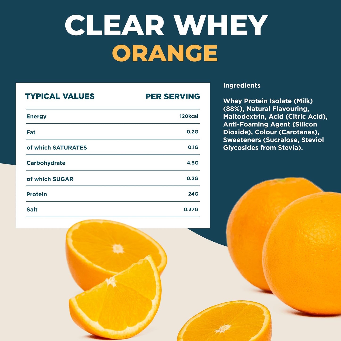 Kinetica Clear Whey Isolate | 500g | 24g Protein per serve | Naturally occuring Amino Acid Profile | 15 servings | Orange Flavour