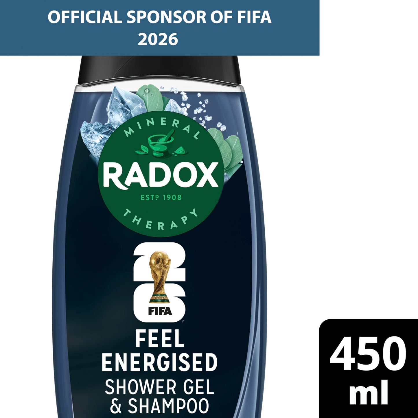 Radox Mineral Therapy Limited-Edition FIFA World Cup 26** Bottle Feel Energised 2-in-1 Shower Gel & Shampoo body wash with herbs, marine minerals & eucalyptus for a refreshing experience 450 ml
