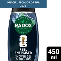 Radox Mineral Therapy Limited-Edition FIFA World Cup 26** Bottle Feel Energised 2-in-1 Shower Gel & Shampoo body wash with herbs, marine minerals & eucalyptus for a refreshing experience 450 ml