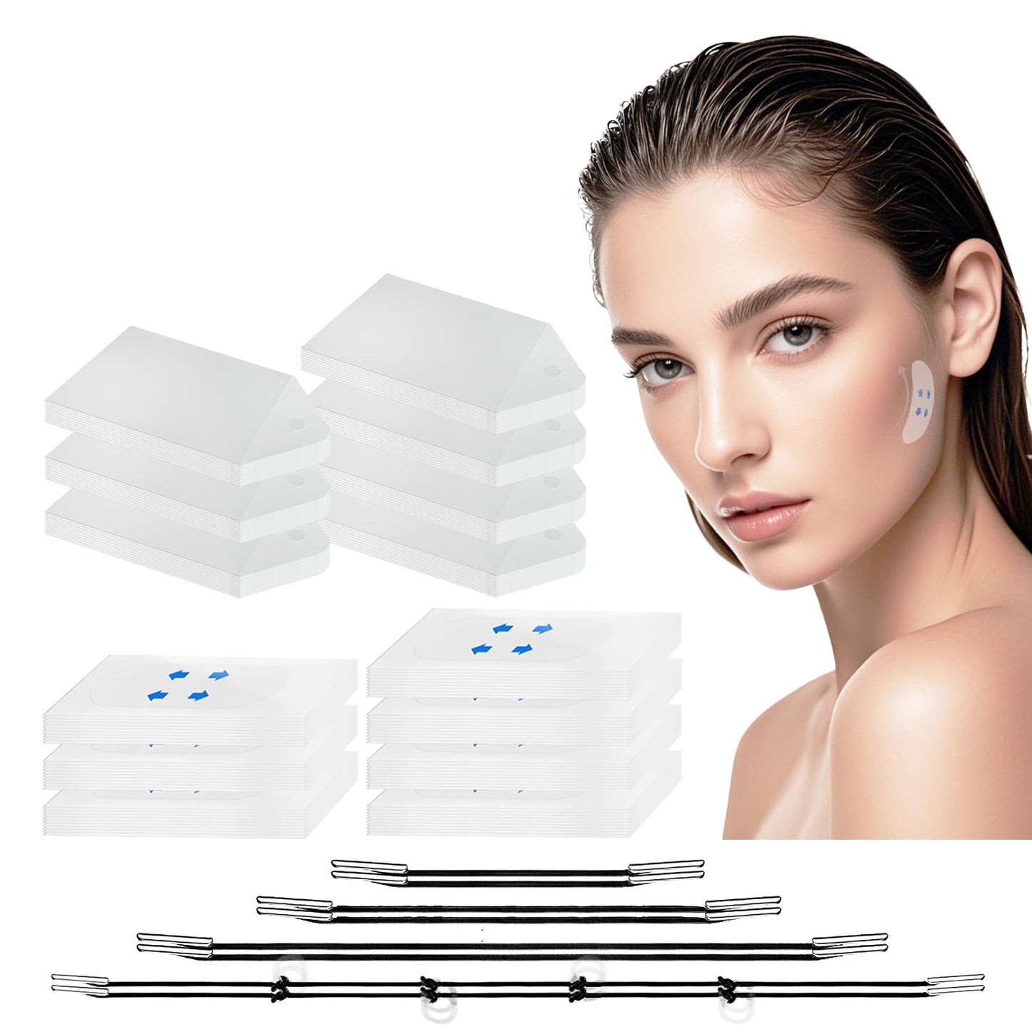 Gonggi 148Pcs Face Lift Tape Invisible with 8 String, V Edge Patches Face lift for Wrinkles, Instant Neck Lifting Tape and Bands for Double Chin Saggy, Tightening Skin Make Up Tools (70 rope + 70 cordless)