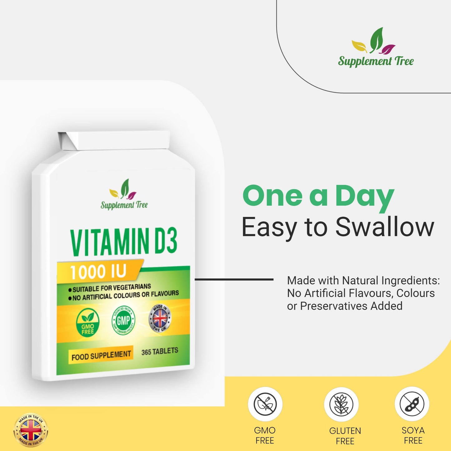 Vitamin D 1000IU 365 Vegetarian Tablets | Optimum Strength Cholecalciferol Vitamin D3 Supplement | UK Manufactured