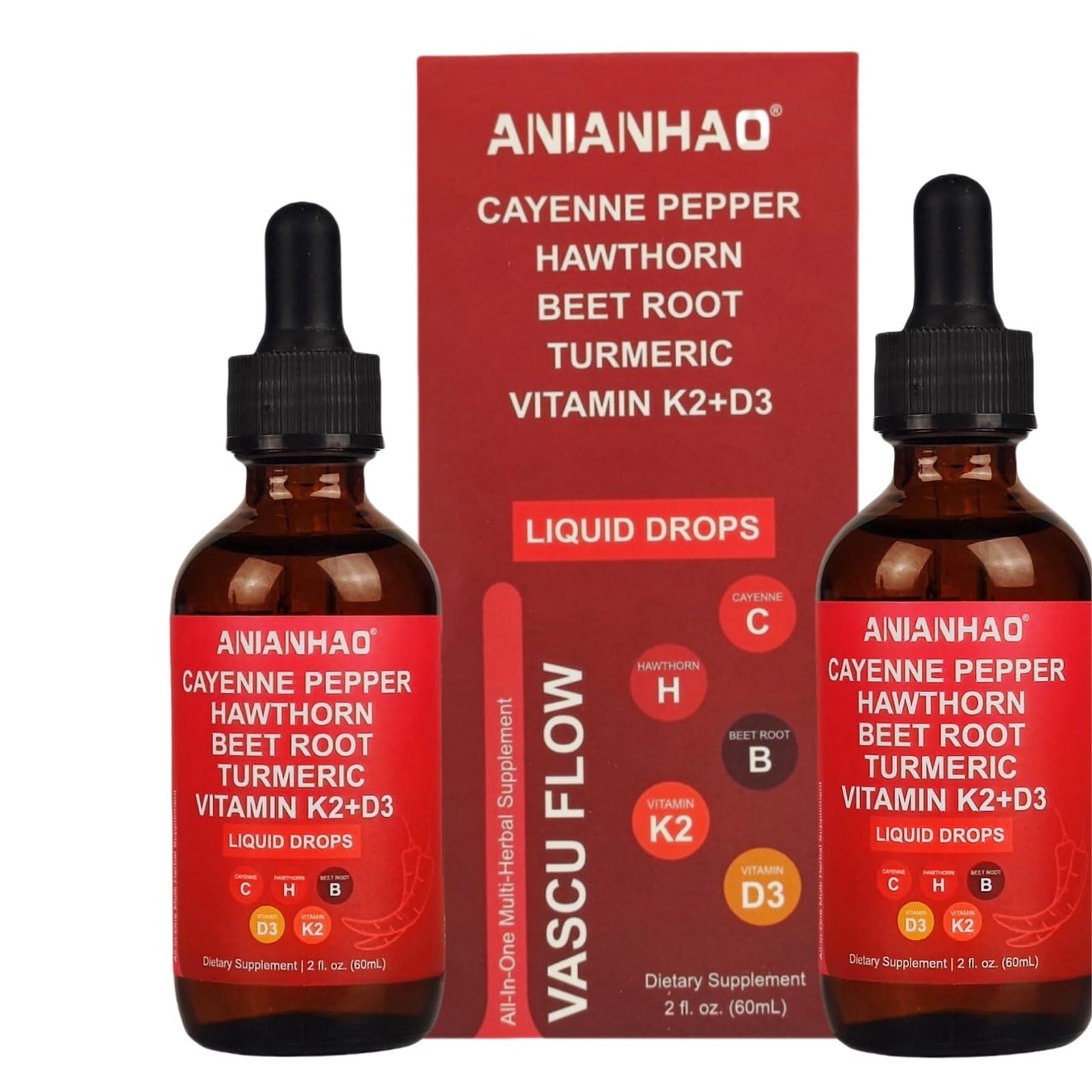 ANIANHAO Cayenne Pepper Drops, 120ml Gleame Cayenne Pepper Drops, Hawthorn Berry, Vitamin D3 K2 Beet Root Powder, Ceylon Cinnamon, Turmeric Curcumin, Organic Panax Ginseng, Berberine 2 Bottles