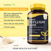 Psyllium Husks Fibre Supplement – 1400mg per Serving – Naturally High in Soluble Fibre – 180 Vegan Capsules – Supports Daily Rhythm – 100% Pure Plantago Ovata Plant Seeds – Made in The UK by Nutravita