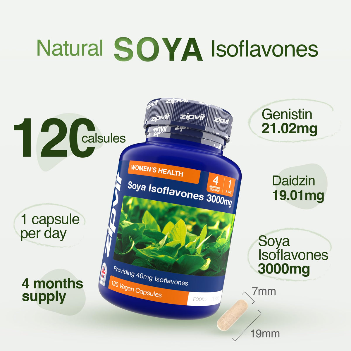 Zipvit SOYA Isoflavones 3,000mg, High Strength SOYA Bean Extract 40mg Isoflavones, 120 Vegan Capsules, 4 Months Supply