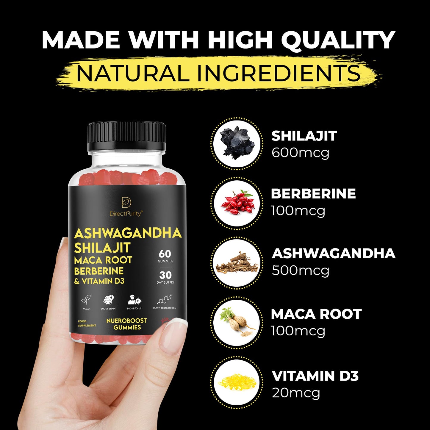 Ashwagandha Gummies 500mg, Shilajit 600mg, Maca Root 100mg, Berberine 100 mcg and Vitamin D3 20mg, 60 Count, Strawberry Flavour, Ashwagandha High Strength Root Extract Supplement, Pure Shilajit