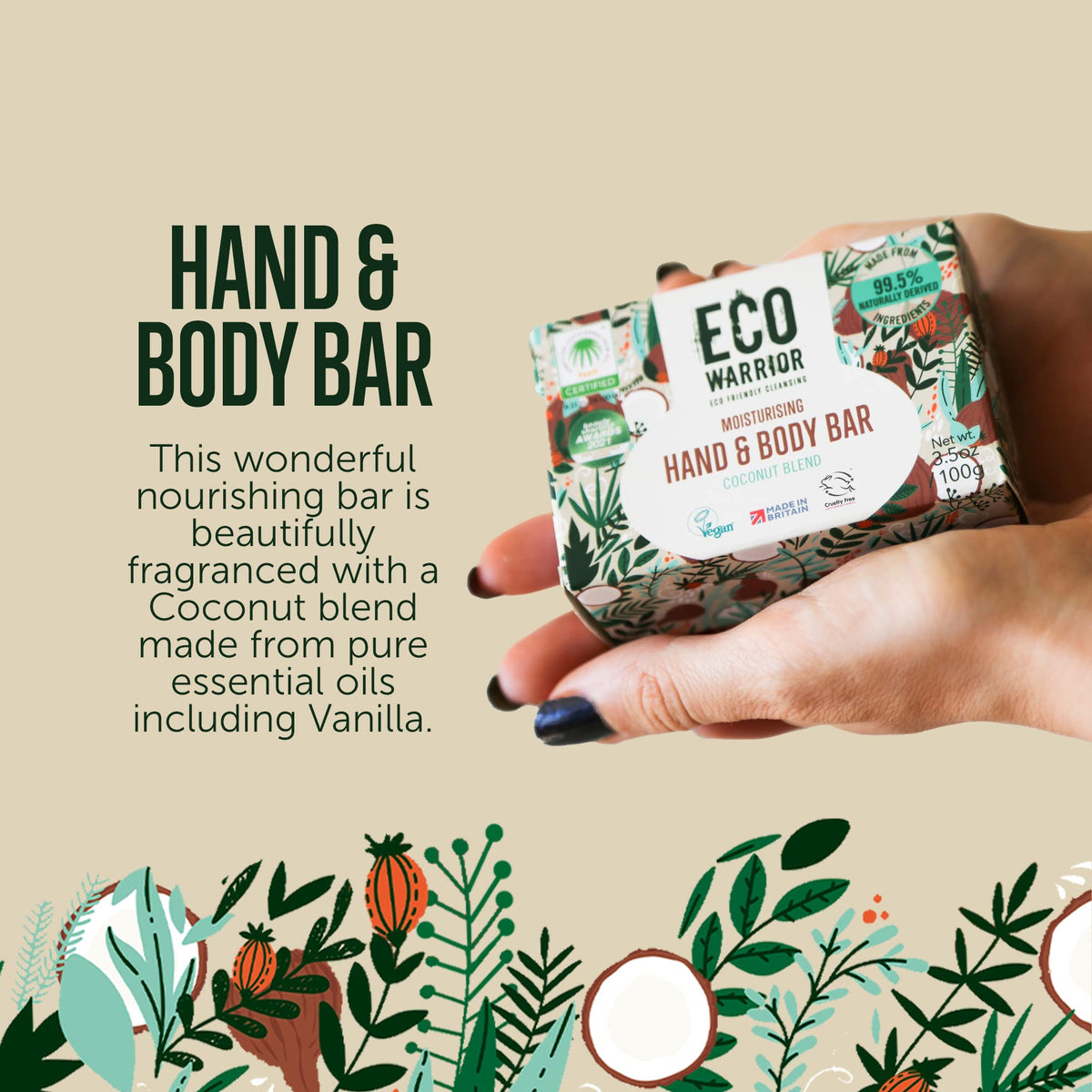 Little Soap Company Eco Warrior Moisturising Body & Hand Soap Bar | Vegan, Natural, Cruelty Free, Eco Friendly, Plant Based | No SLS or Parabens | Richly Nourishing Coconut Blend made from Vanilla Essential Oils | 100g