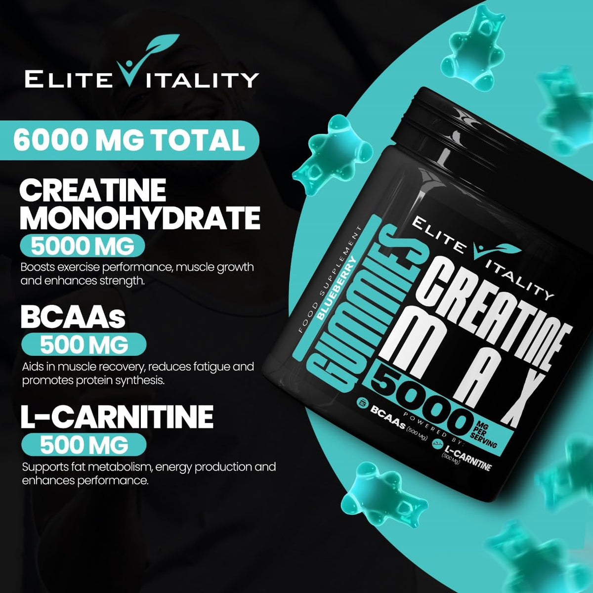 Elite Vitality Creatine Monohydrate 90 Gummies 5000mg + BCAAs & L-Carnitine – 3rd Party Lab Tested, Vegan, Sugar-Free, Pre Workout Muscle Growth & Recovery Gym Supplement for Men & Women – Tangy Blueberry Blast