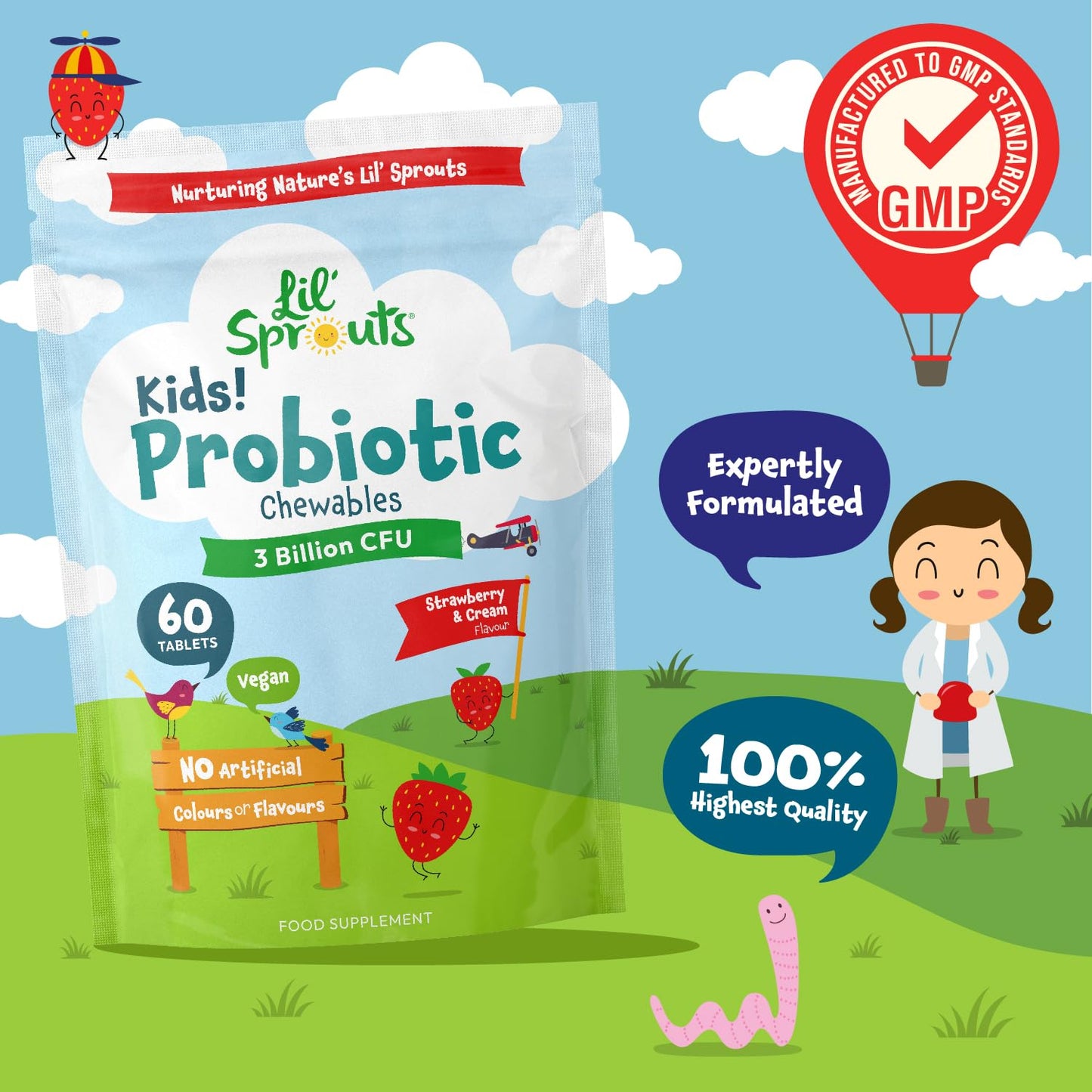 Kids Probiotics 3 Billion CFU | 60 Vegan Chewable Tablets | Natural Strawberry and Vanilla Flavour | Multi-Strain with Lactobacillus and Acidophilus | No Artificial Preservatives | by Lil' Sprouts