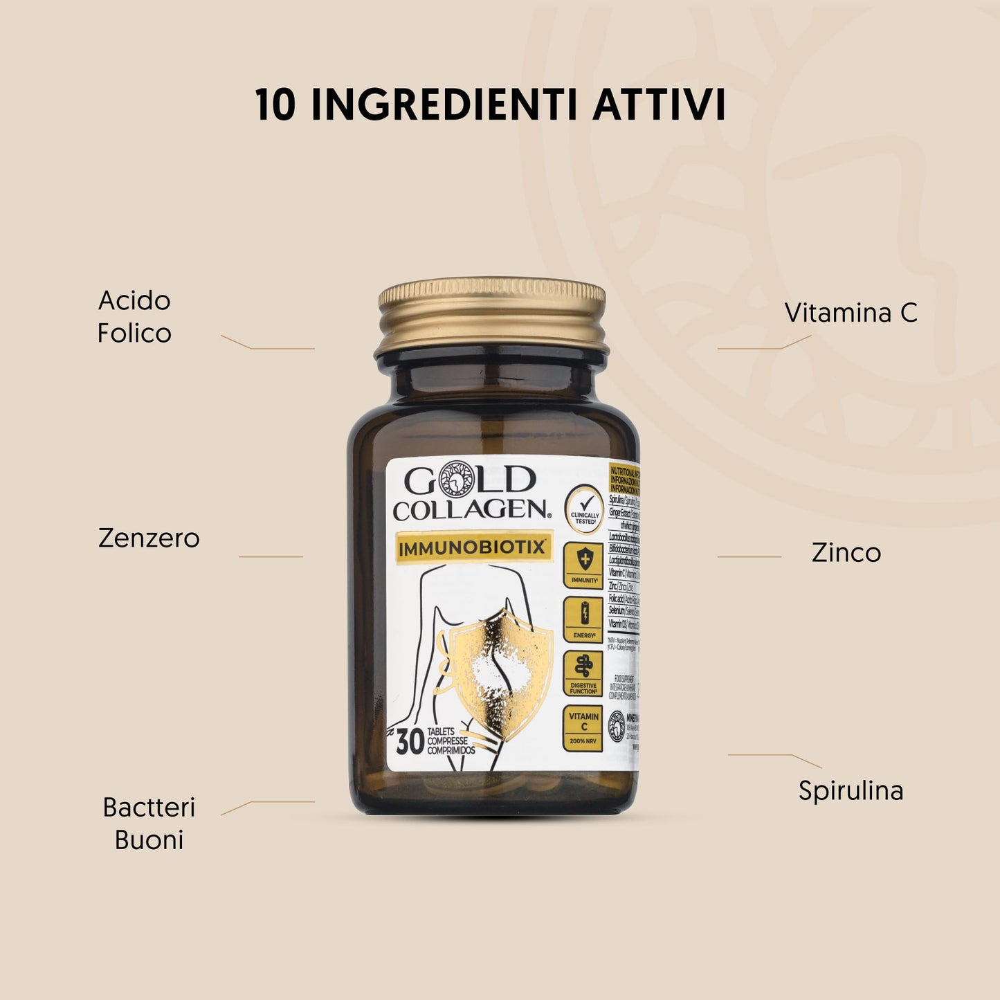GOLD COLLAGEN Immunobiotix - Immune System Booster for More Energy & Gut Health with Vitamin C D, Spirulina, Zinc, Folic Acid, 3 Billion Biotic Cultures, Vitamins for Tiredness and Fatigue, 30 Tablets