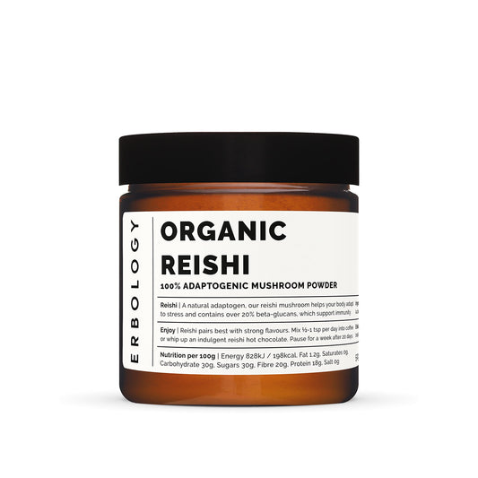 Erbology 100% Organic Reishi Mushroom Powder 50 Servings - 21% Beta-glucans - Immunity Support - Ganoderma Lucidum - Small Batch - Sustainably Grown in Europe - Vegan - Non-GMO - No Added Fillers