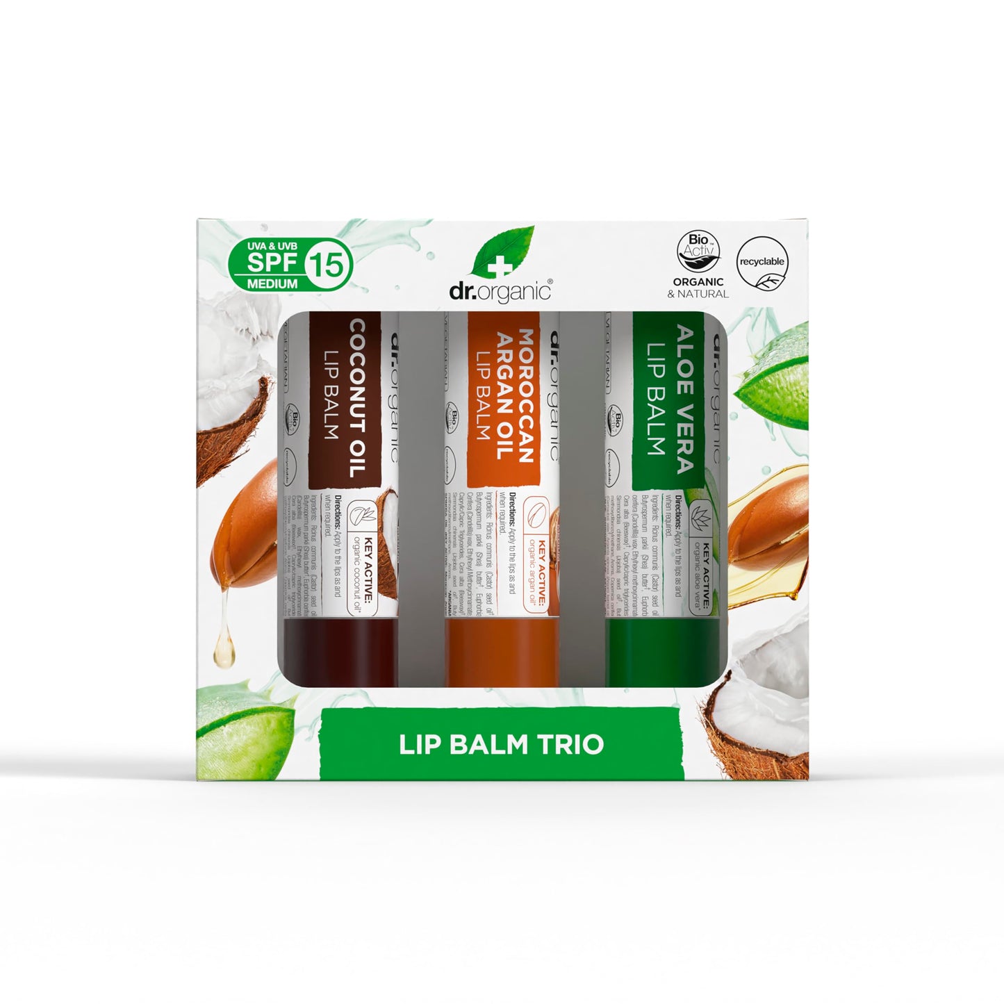 Dr. Organic Dr Organic Lip Balm Gift Set, Moisturising, SPF 15, Assorted Multipack with Aloe Vera, Argan Oil, Coconut Oil, Natural, Vegetarian, Cruelty-Free, Paraben & SLS-Free, Organic, 5.7ml